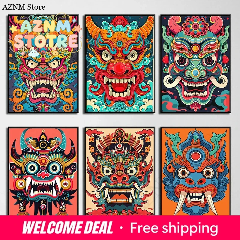 Home Decor Japandi - Japanese Demon Oni Samurai Yokai Mask