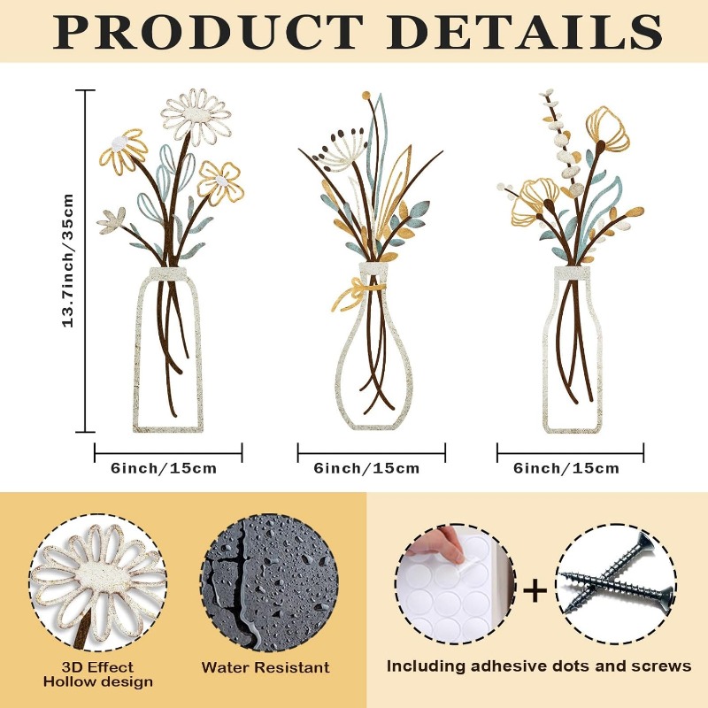 3pcs Metal Flowers Wall Decora - Home Decor Minimalist Style 评论和价格