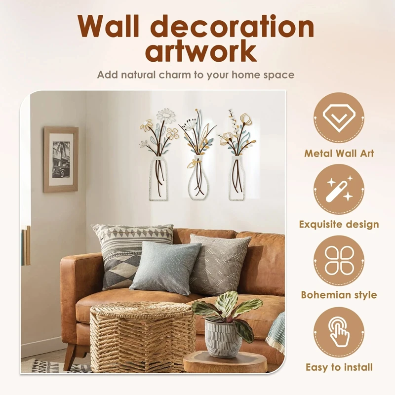 3pcs Metal Flowers Wall Decora - Home Decor Minimalist Style 评论和价格